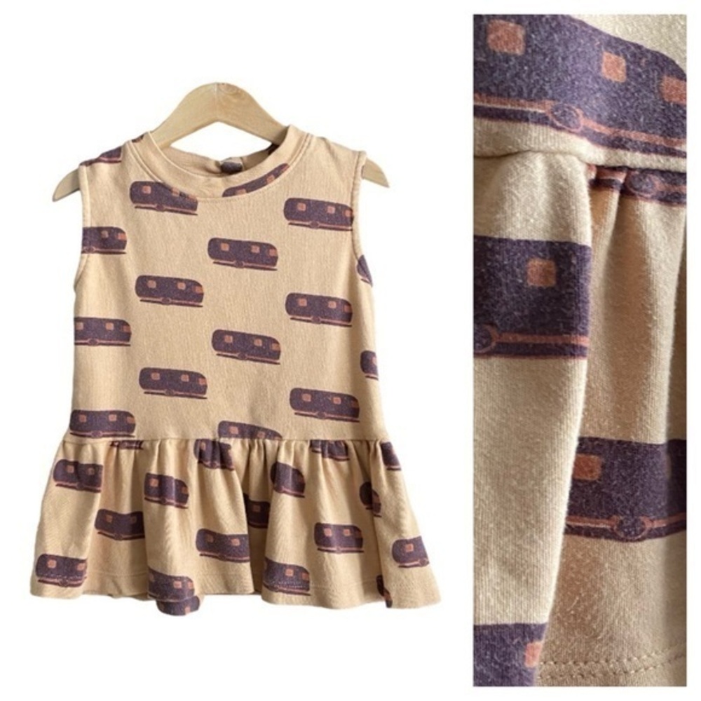 Kate Quinn Brown Retro Camper Print Organic Cotton Sleeveless Peplum Top 5t